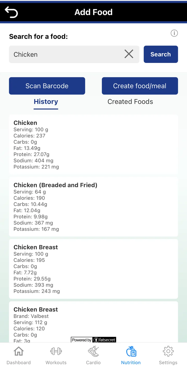 The Add Food screen