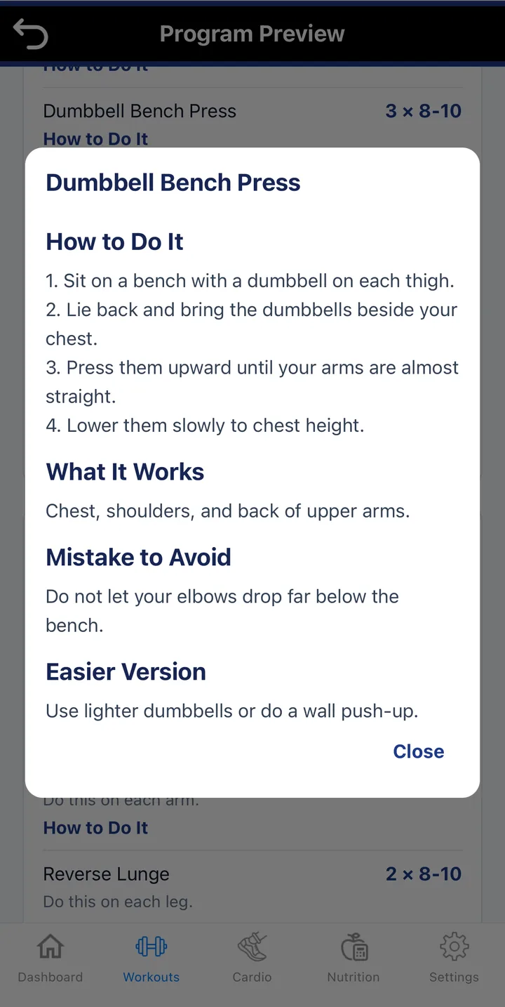 The exercise notes for Dumbbell Bench Press