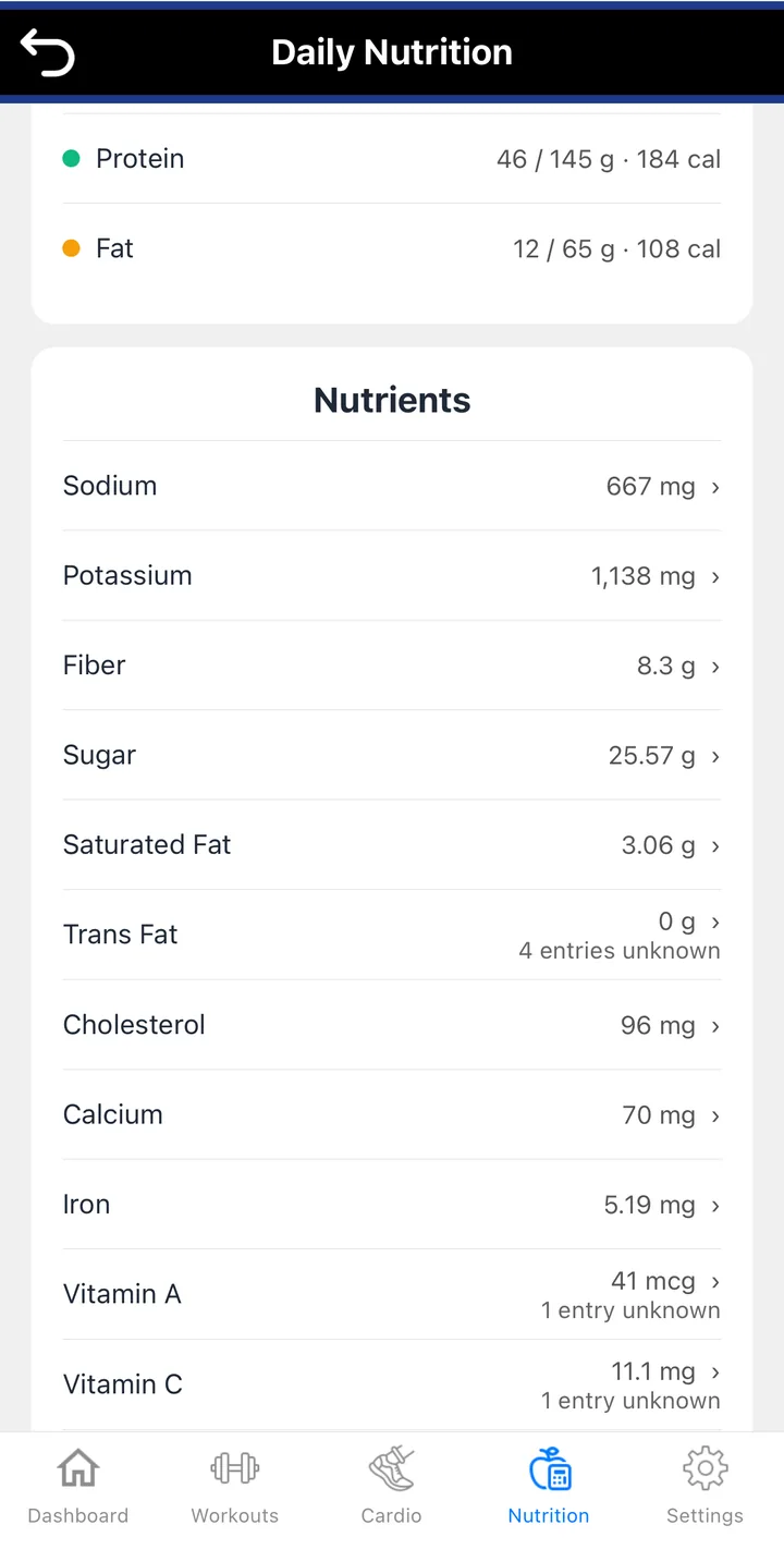 The Daily Nutrition screen's Nutrients list