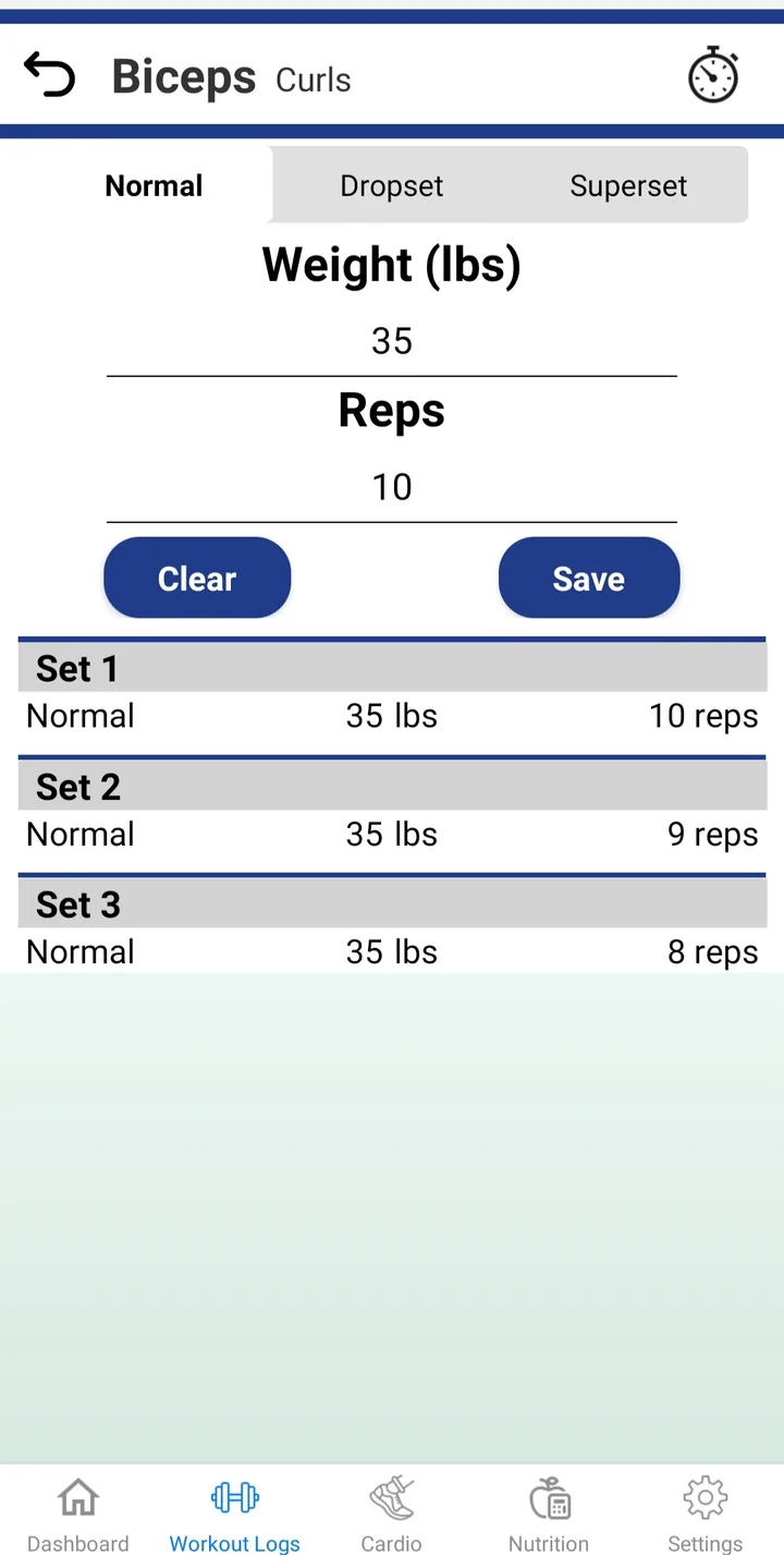The workout screen: Biceps curls with Normal, Dropset and Superset tabs, weight and reps fields, and three logged sets